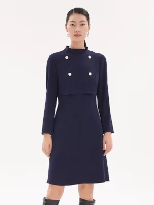 Easy Fashion Triacetate Stand Collar Gathered Waist Midi Dress