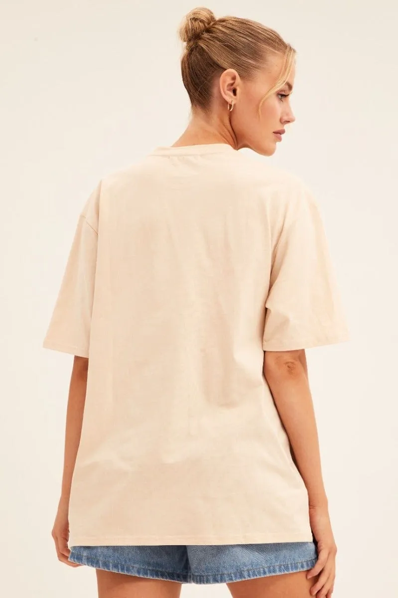 Beige Graphic T-Shirt Short Sleeve Crew Neck Autumn coziness Chilly Wear