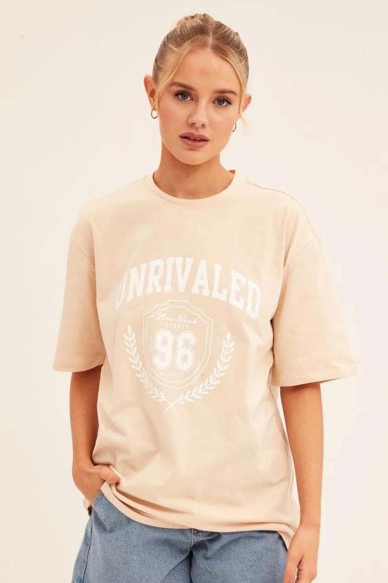 Ethically Sourced Cotton Minimal Outfit Beige Graphic T-Shirt Short Sleeve Crew Neck