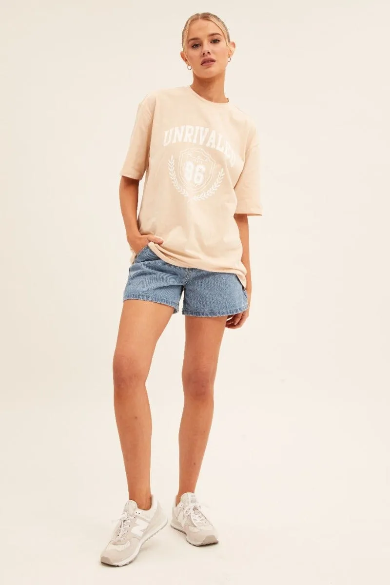 Beige Graphic T-Shirt Short Sleeve Crew Neck Timeless Top