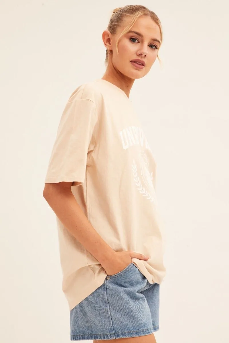Vibrant Colors Beige Graphic T-Shirt Short Sleeve Crew Neck