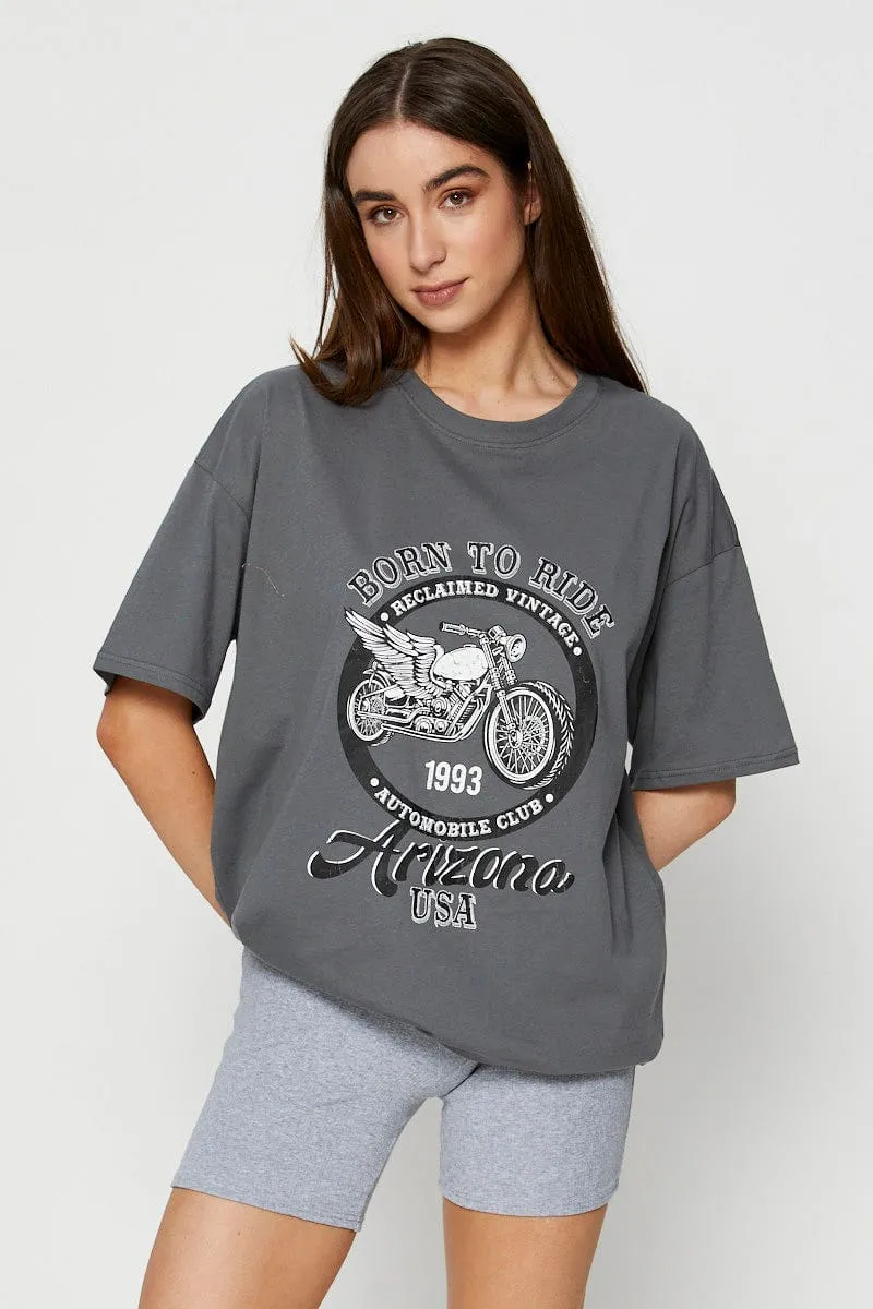 Comfort and Ease All Season Wear Grey Graphic T-Shirt Short Sleeve