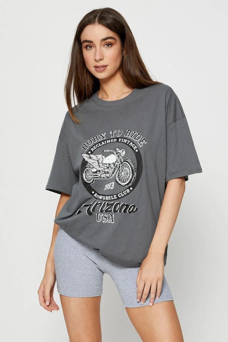 Oversized Cut Grey Graphic T-Shirt Short Sleeve