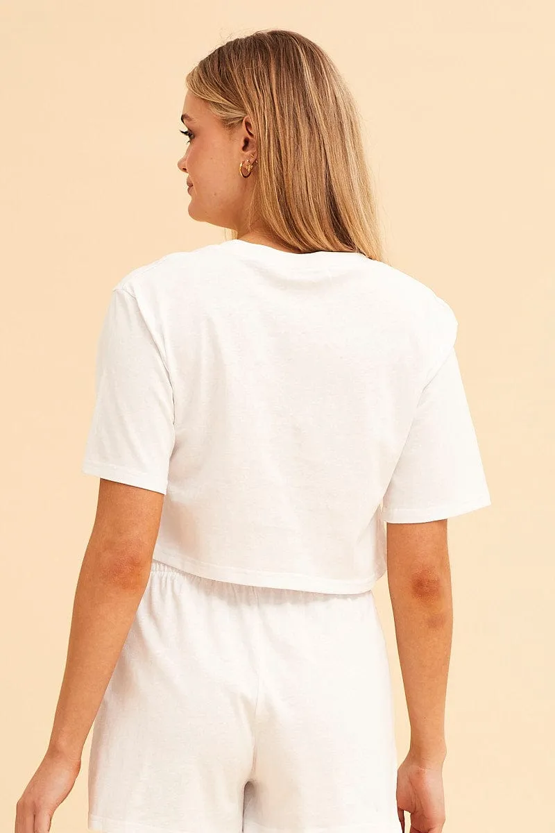 ReflectiveTrimDetails White Crop T-Shirt Crew Neck Short Sleeve Relaxed Fit