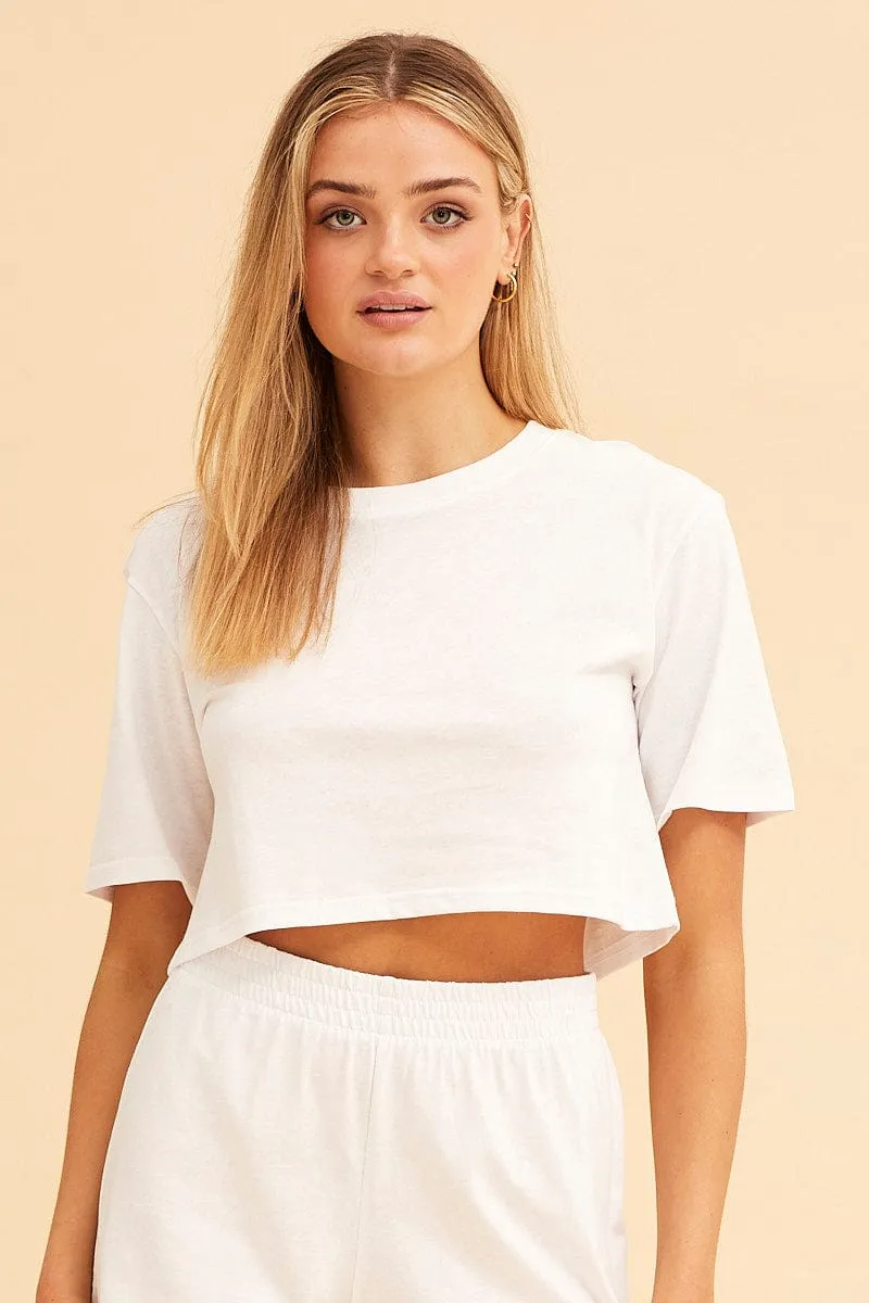 Thermal Insulation Layer White Crop T-Shirt Crew Neck Short Sleeve Relaxed Fit