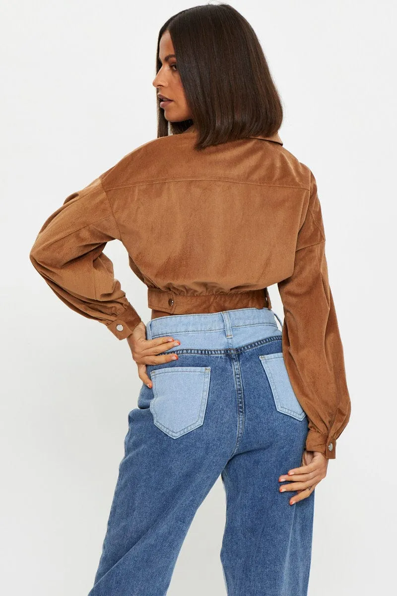 Sustainable Wear NonRestrictive Fit Brown Crop Button Front Shirt