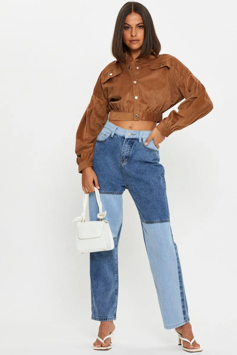 Brown Crop Button Front Shirt NonRestrictiveSilhouette