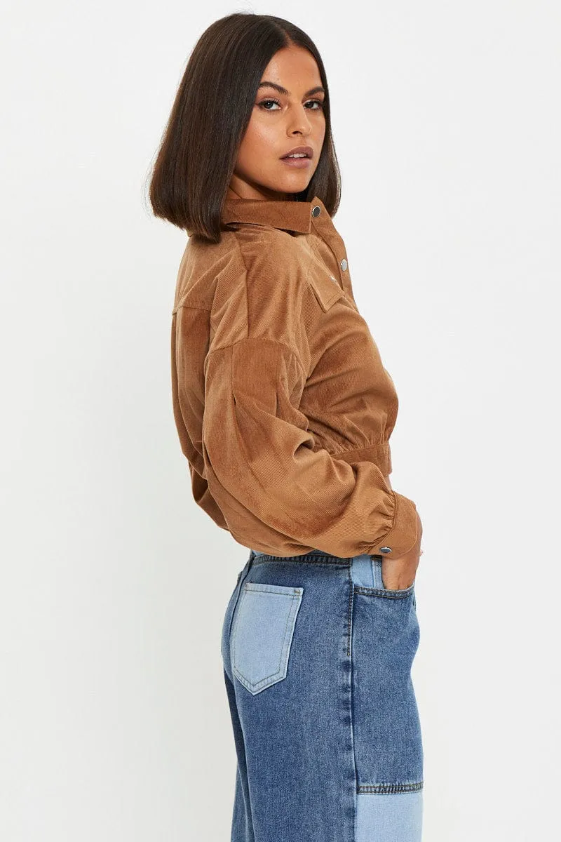 Cozy Fashion LowMaintenance Brown Crop Button Front Shirt