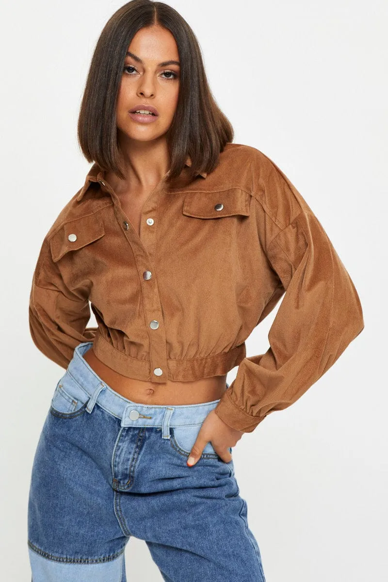 temperature regulation Brown Crop Button Front Shirt