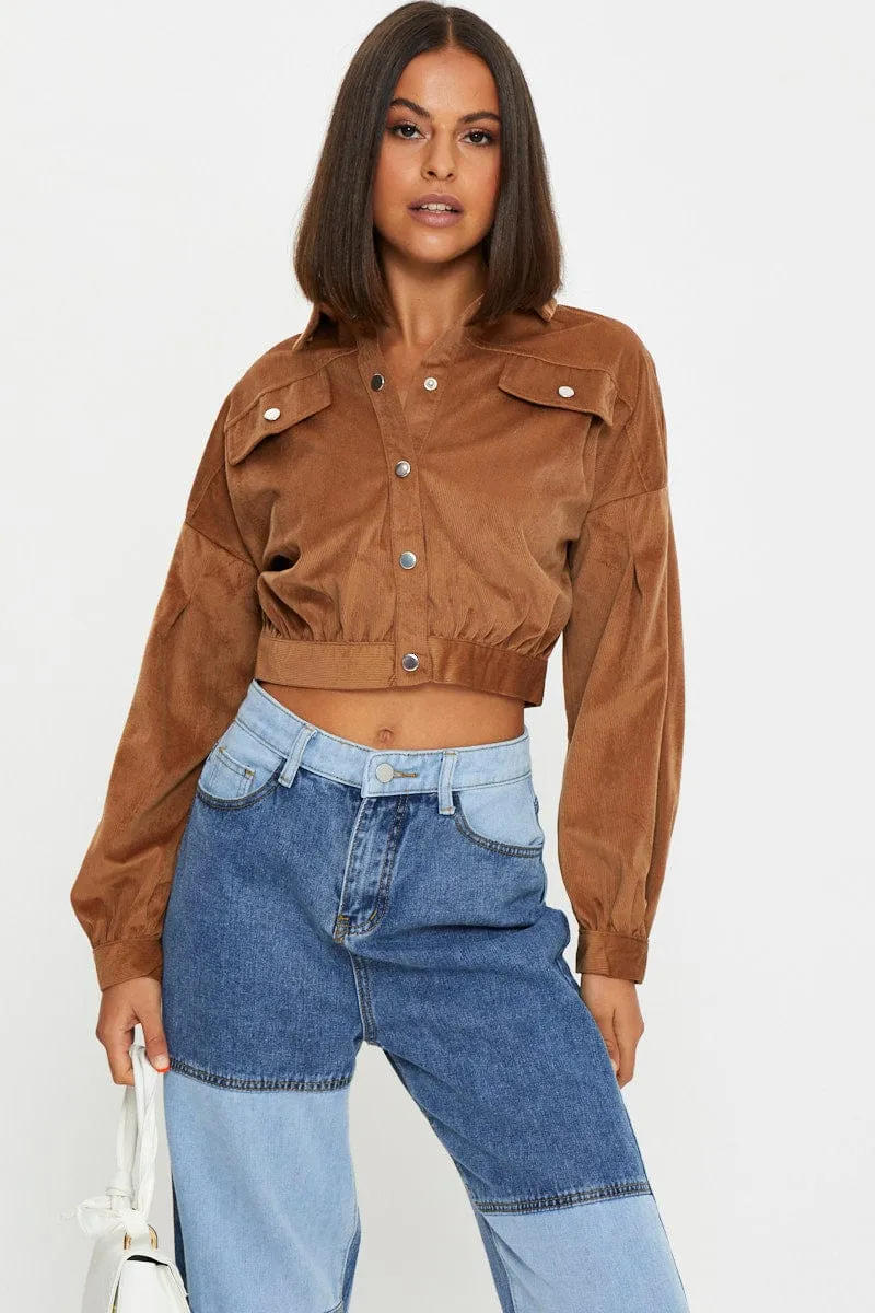 Silk Glow Brown Crop Button Front Shirt