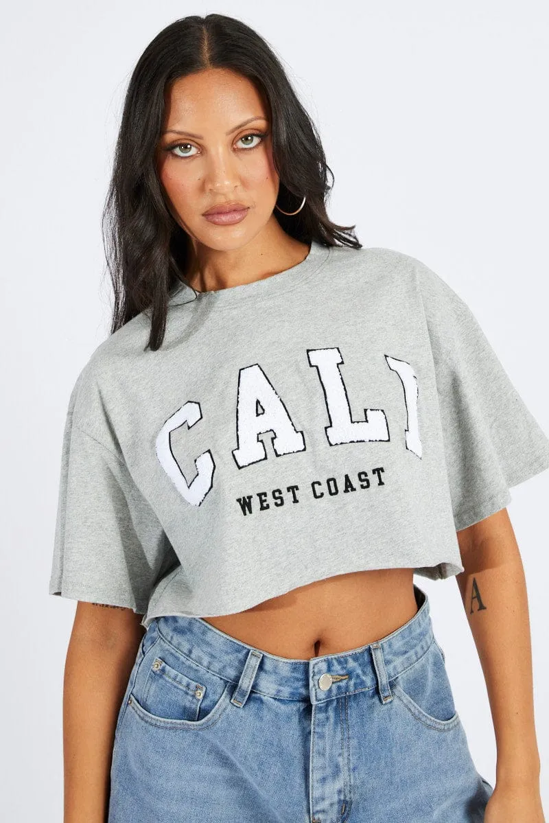 brandable Grey Graphic Tee Crop T-shirt Borg Fluffy Slogan