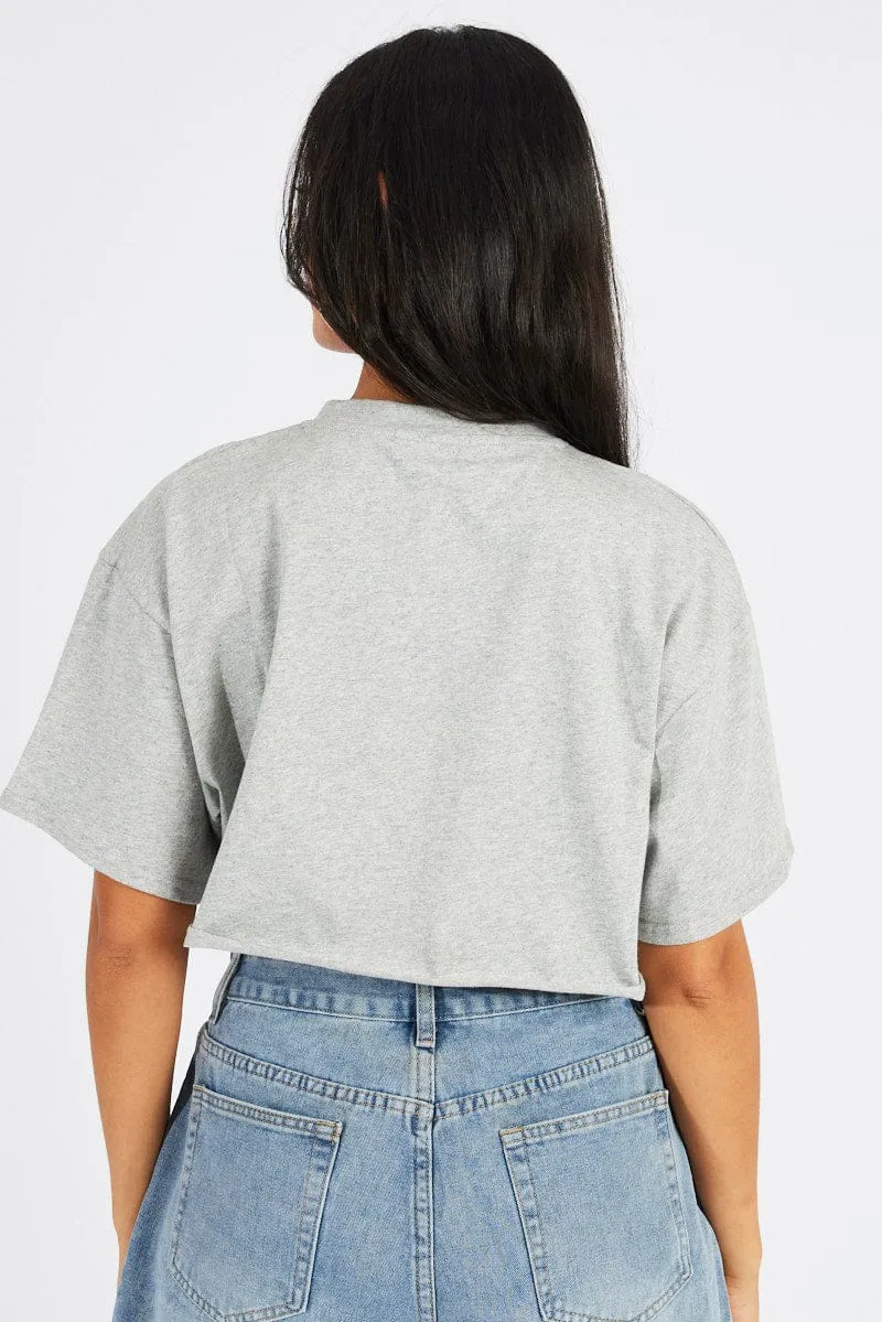 Stylish Comfort Grey Graphic Tee Crop T-shirt Borg Fluffy Slogan