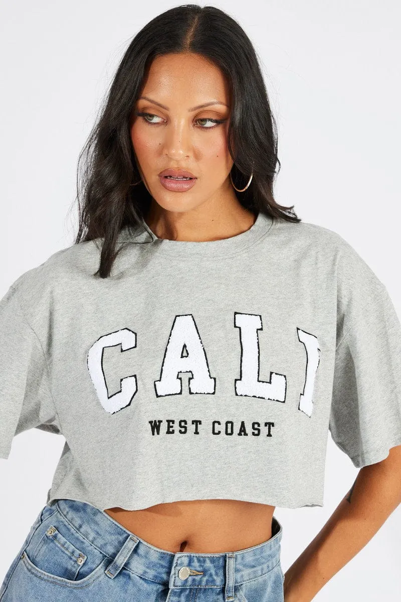 Grey Graphic Tee Crop T-shirt Borg Fluffy Slogan Functional Wear Comfortable Design