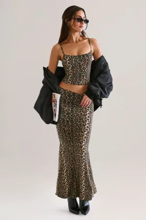 Modal Mid-Rise Fishtail Maxi Skirt in Leopard Print Polished Fit