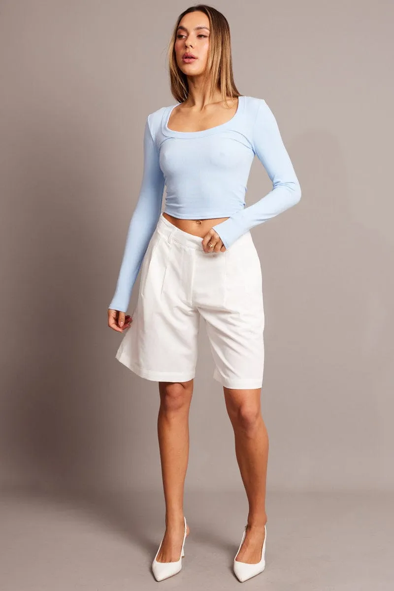 Casual Comfort Flexible Material Blue T Shirt Long Sleeve Scoop Neck Rib Jersey