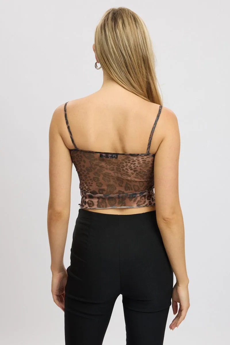 Brown Animal Print Cami Top Sleeveless Bow Warm Pullover