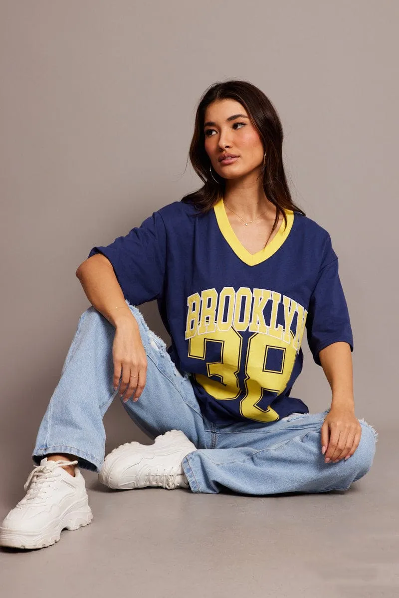 Blue Graphic Tee V Neck Short Sleeve LightweightBlend Round neck simplicity