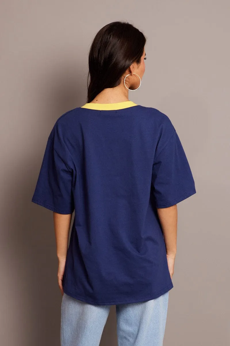 Functional Side Gussets Blue Graphic Tee V Neck Short Sleeve