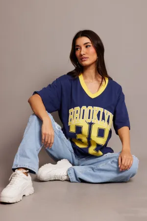 Blue Graphic Tee V Neck Short Sleeve LightweightBlend Round neck simplicity