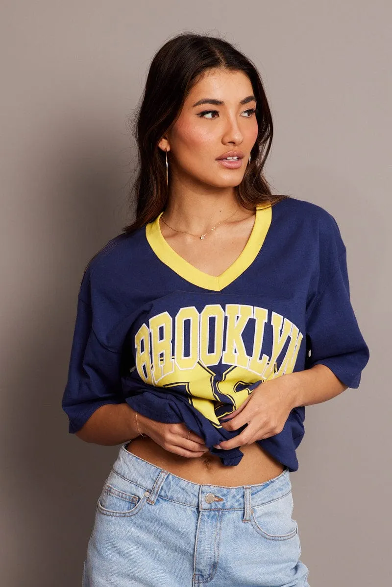 informal gathering Festival wear Blue Graphic Tee V Neck Short Sleeve