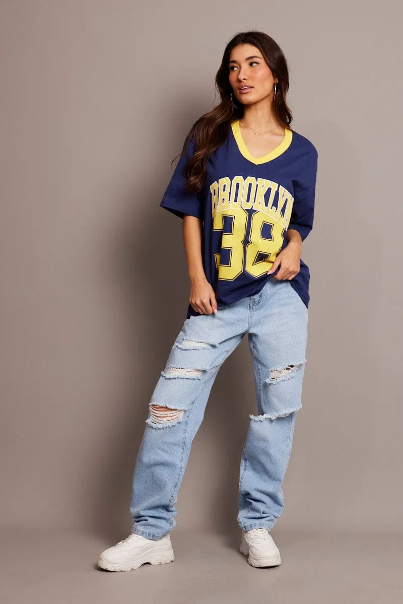 Blue Graphic Tee V Neck Short Sleeve Midweight Knit