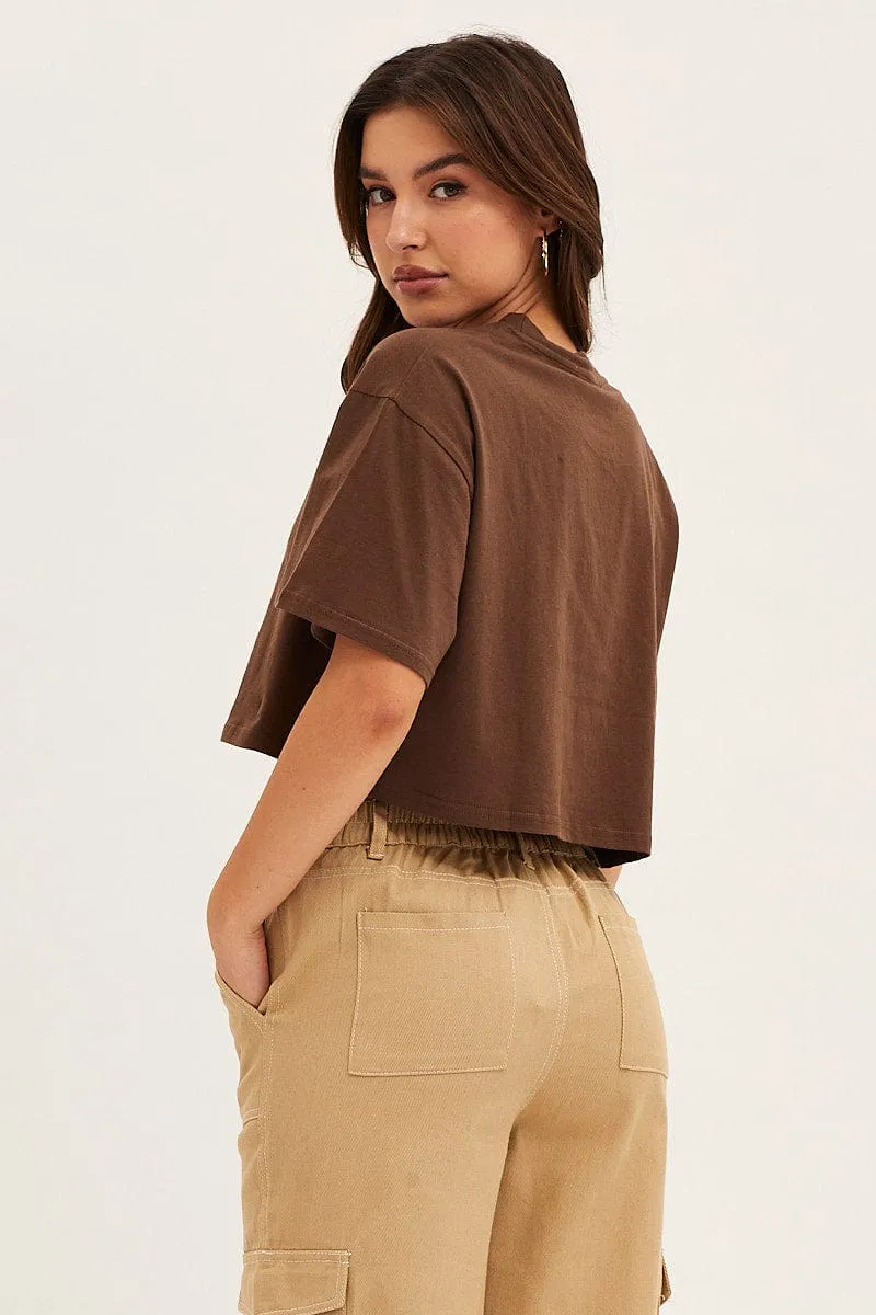 Raw Edge Hem Brown Crew Neck Tee