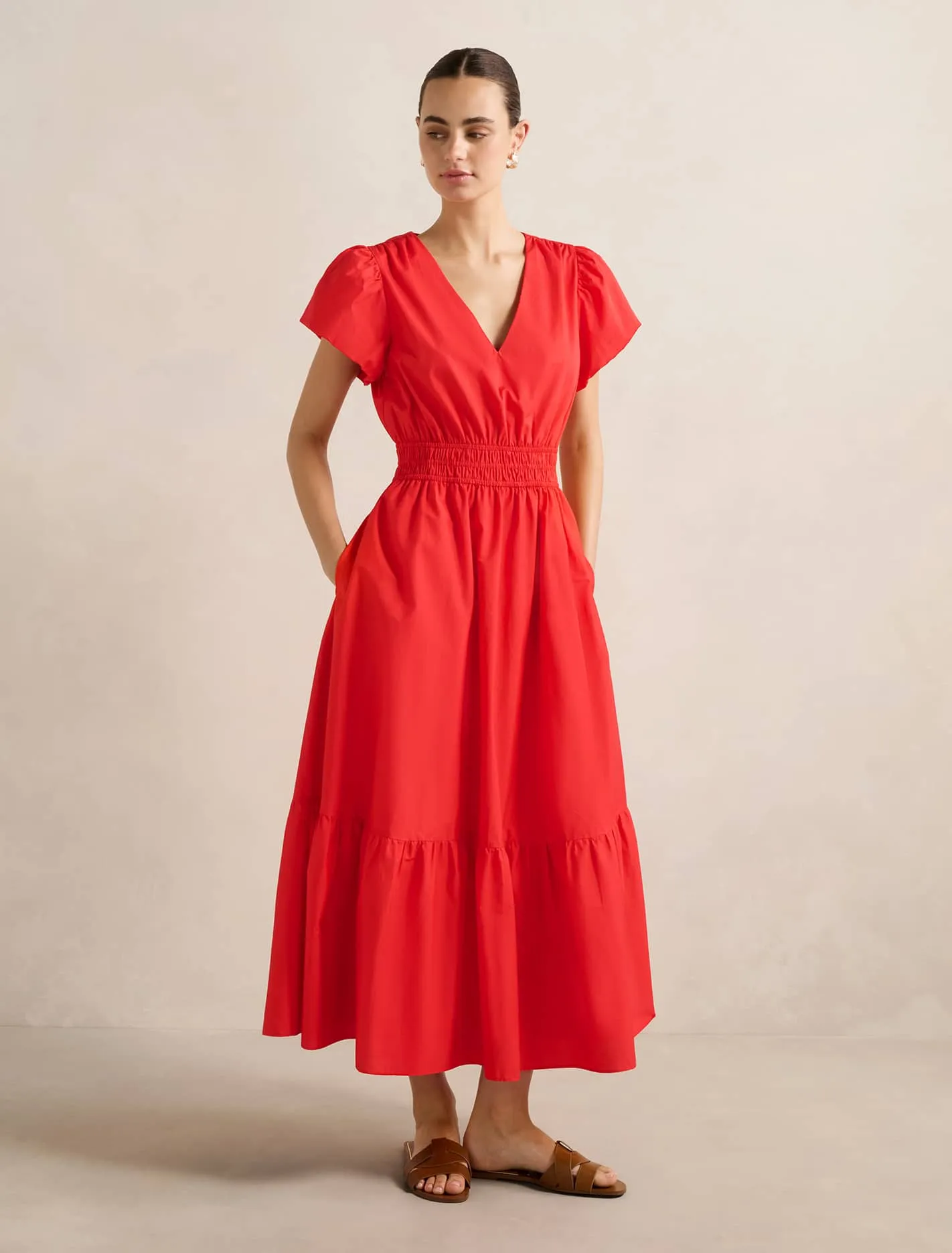 Plaza Walk Fur Warm Mara Puff Sleeve Cotton Midi Dress