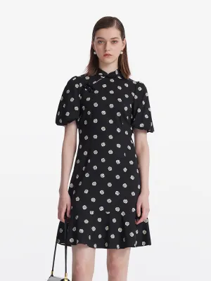 Rose Print Puff Sleeves Women Qipao Mini Dress Trend Pop