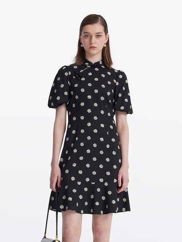 Classic cute short dress Rose Print Puff Sleeves Women Qipao Mini Dress