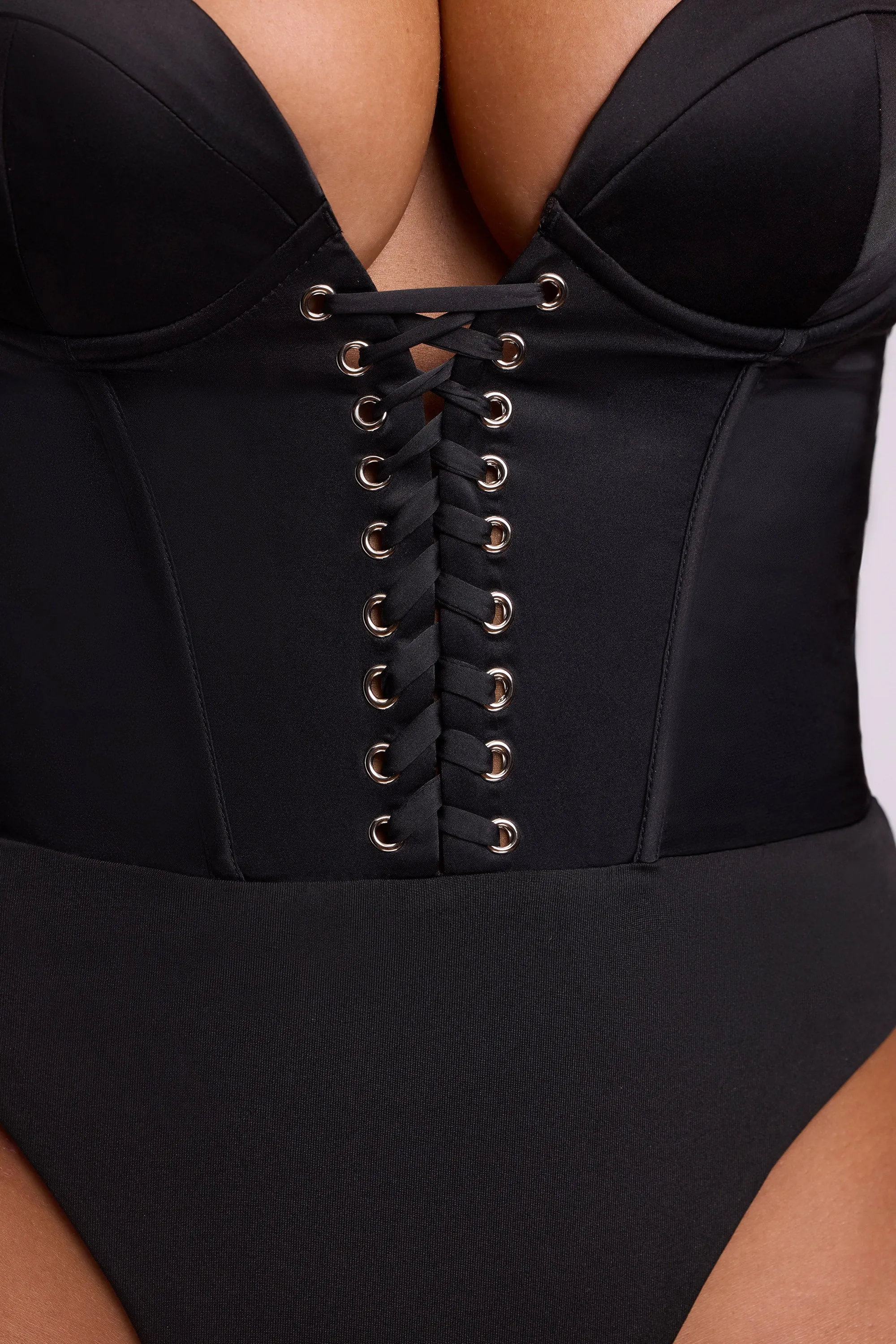 Green Soul Satin Plunge Neck Lace Up Corset Bodysuit in Black
