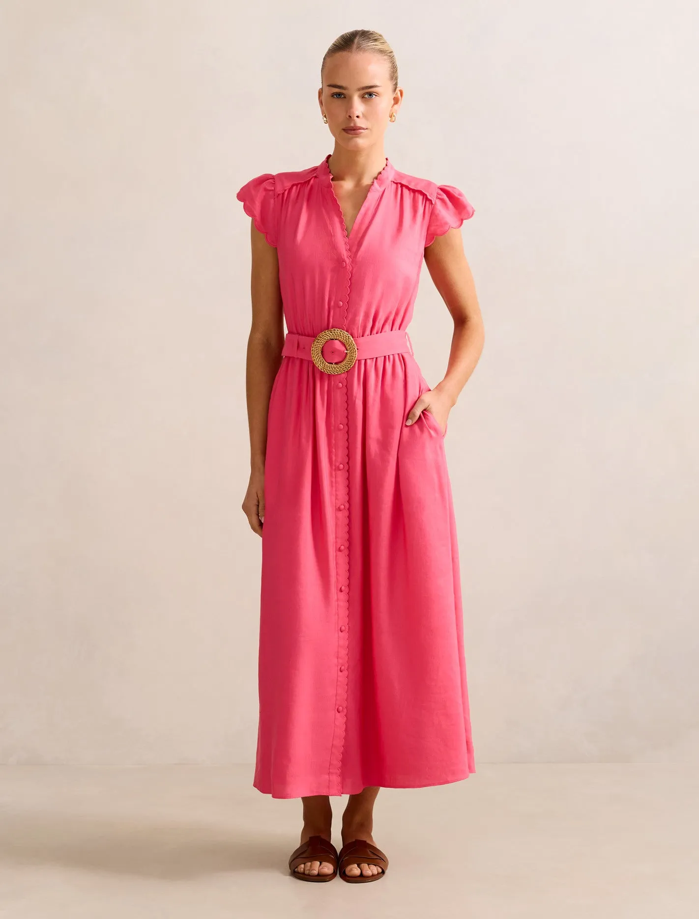 Contemporary Style Serafina Scallop Edge Linen Midi Dress