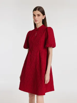 Charming Prints Jacquard Puff Sleeves Women Qipao Mini Dress