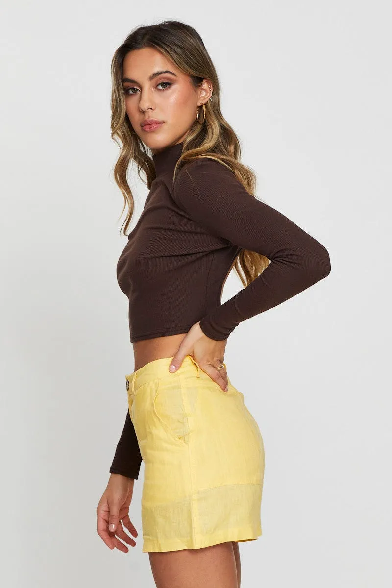 Brown Cut Out Top Long Sleeve Double Stitched Seams
