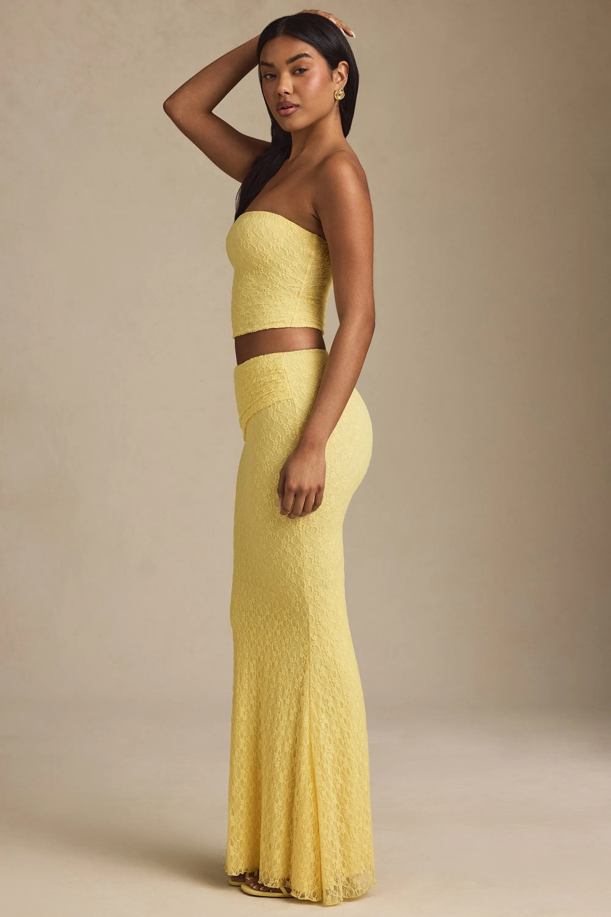 Comfort Innovation Draped Low-Rise Lace Maxi Skirt in Pastel Yellow
