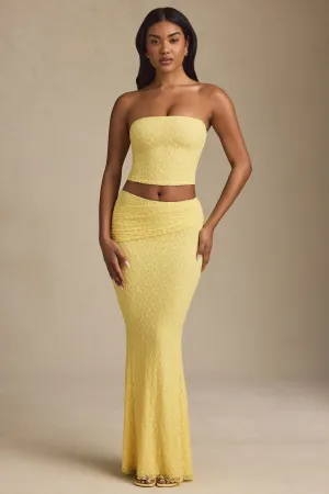 Draped Low-Rise Lace Maxi Skirt in Pastel Yellow Active Wear Twist Front Design