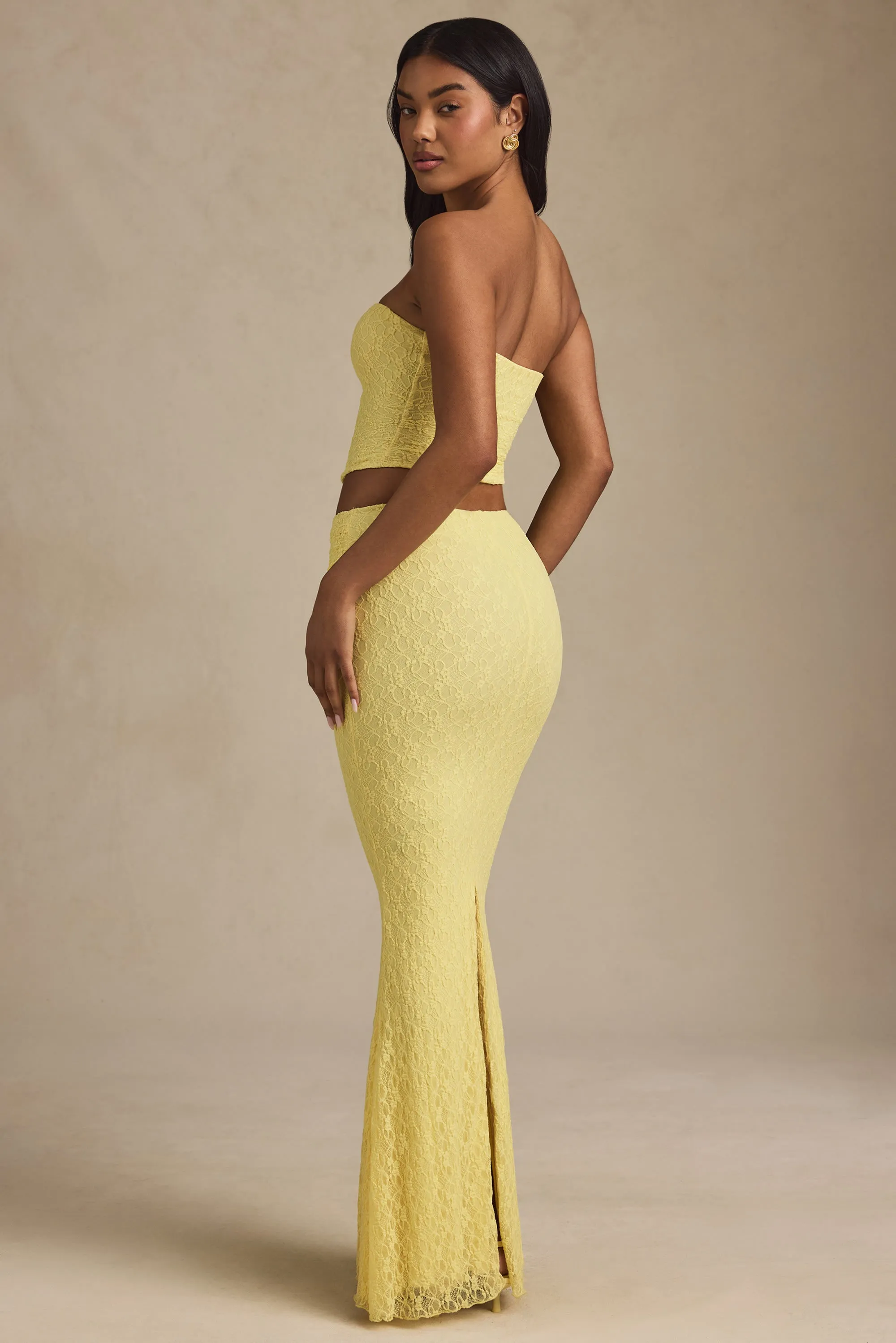 Draped Low-Rise Lace Maxi Skirt in Pastel Yellow Soft Palette