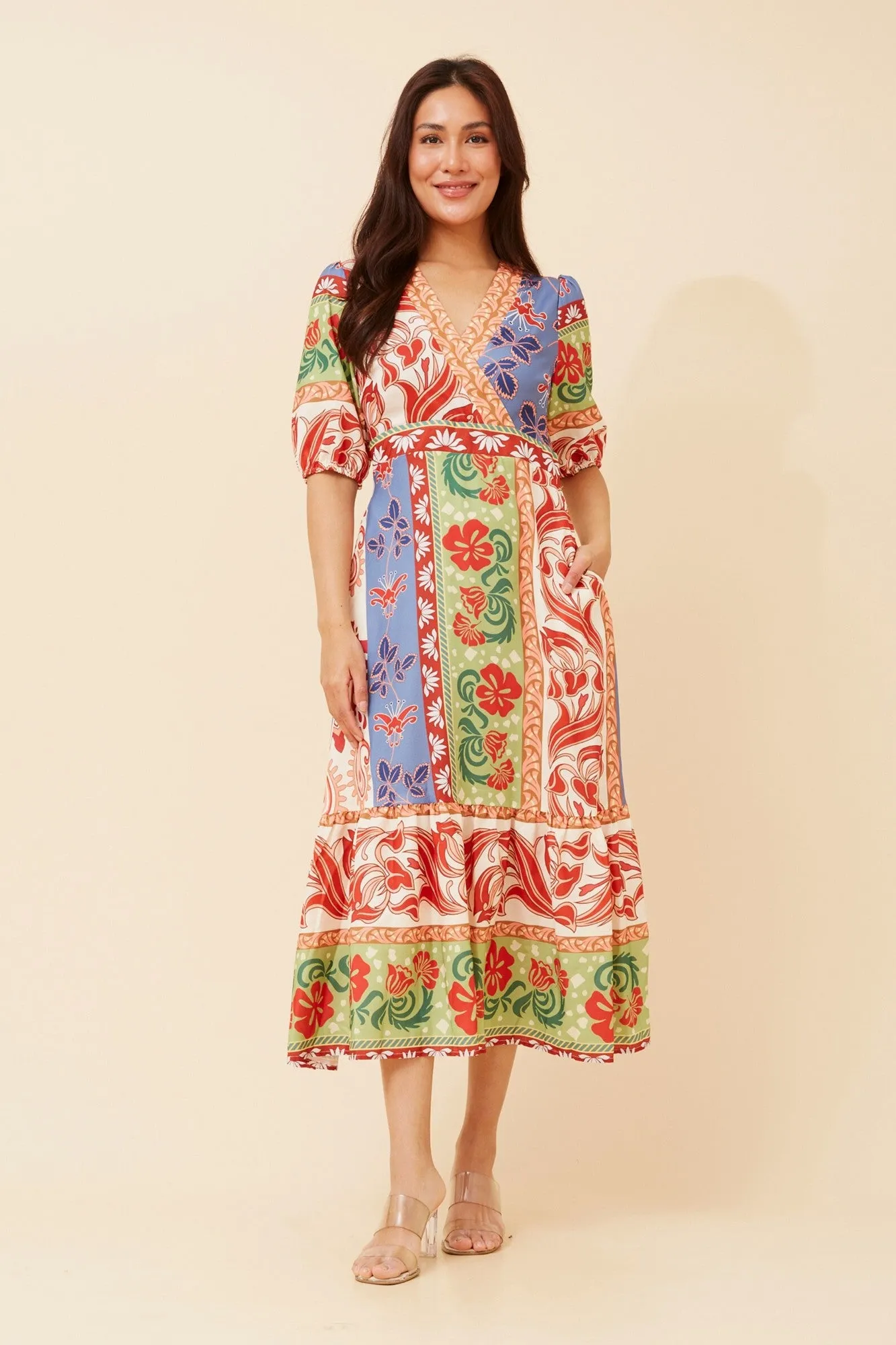 Machine washable BAMBINA BORDER PRINT MIDI DRESS
