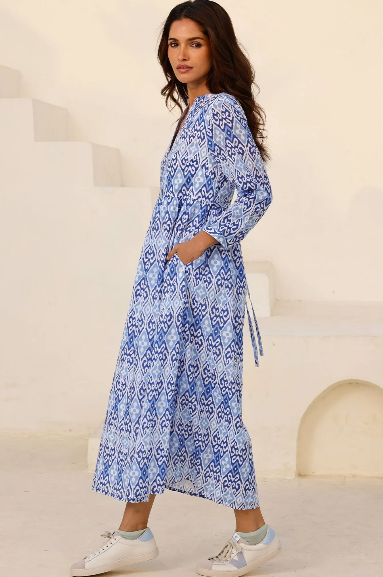 Lace Fine Mara Organic Cotton Dress | Mara Ikat White/Blue