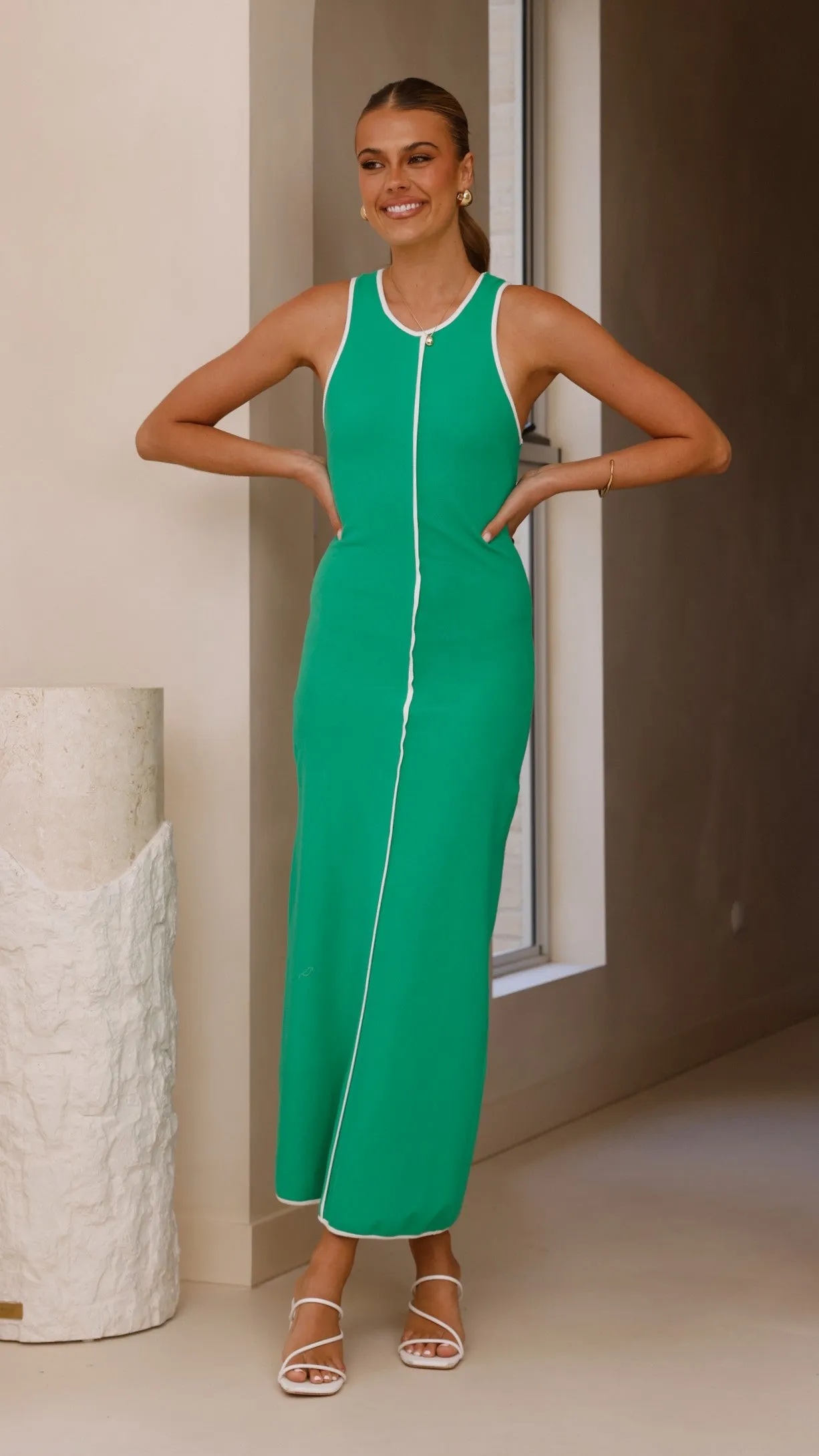 Boat Neck Milli Maxi Dress - Green/White