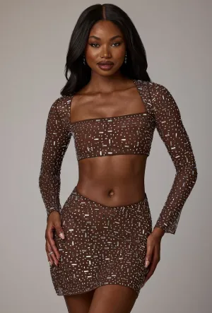 Sheer Embellished V Waist Mini Skirt in Deep Cocoa Monochrome Outfit