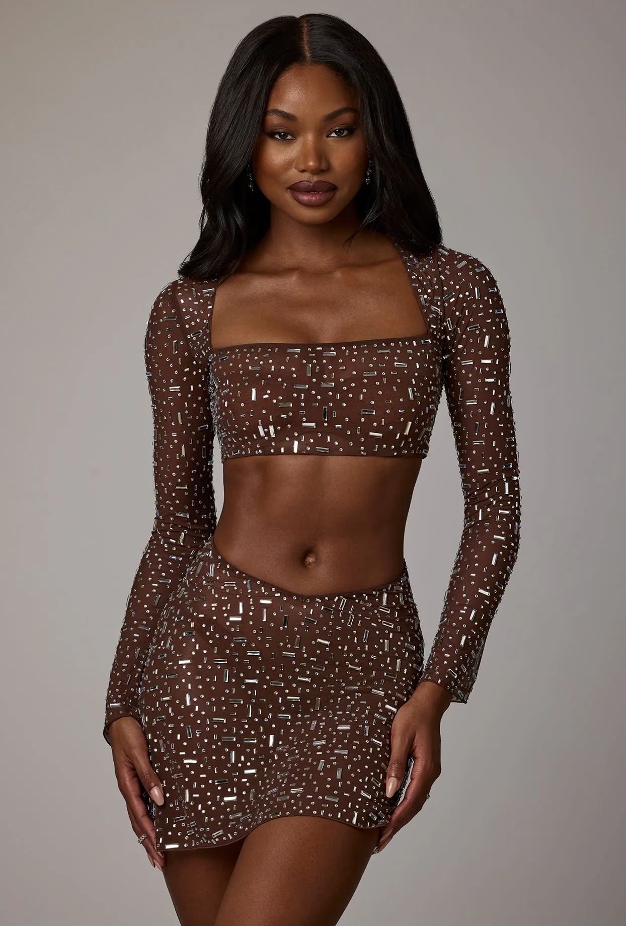 Sheer Embellished V Waist Mini Skirt in Deep Cocoa Performance Outfit
