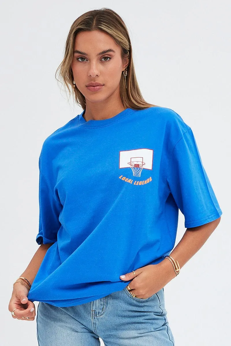 Blue T-Shirt Short Sleeve Crew Neck Basketball Graphic Water Based Ink Print