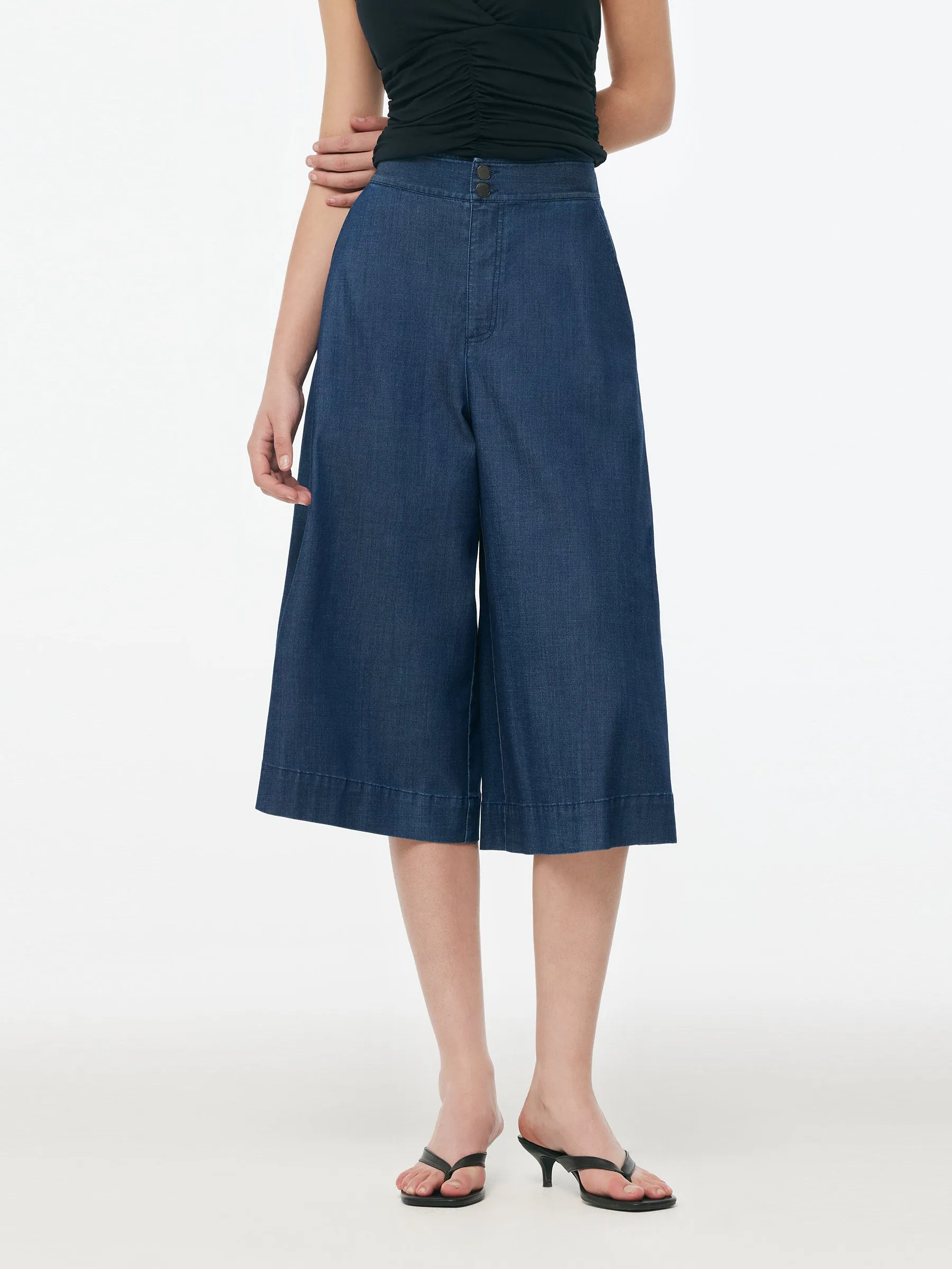 Denim High Waisted Women Wide Leg Cropped Culottes Smart Casual Athlete Fit