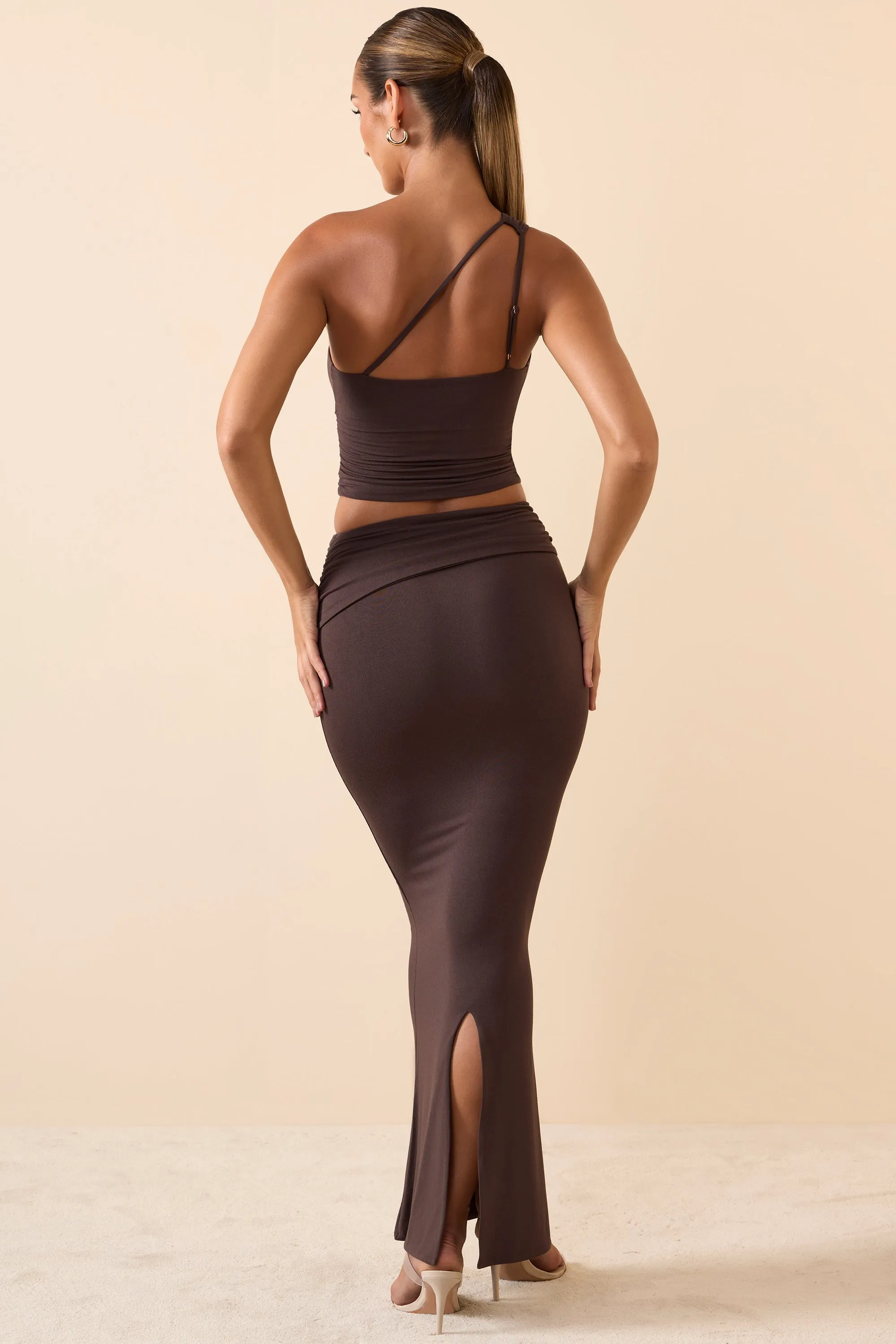 Wearable Art Modal Twist-Front Maxi Skirt in Chocolate Brown