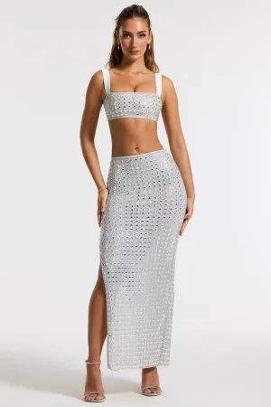 Contemporary Brand Embellished Mid Rise Gown Skirt in Silver