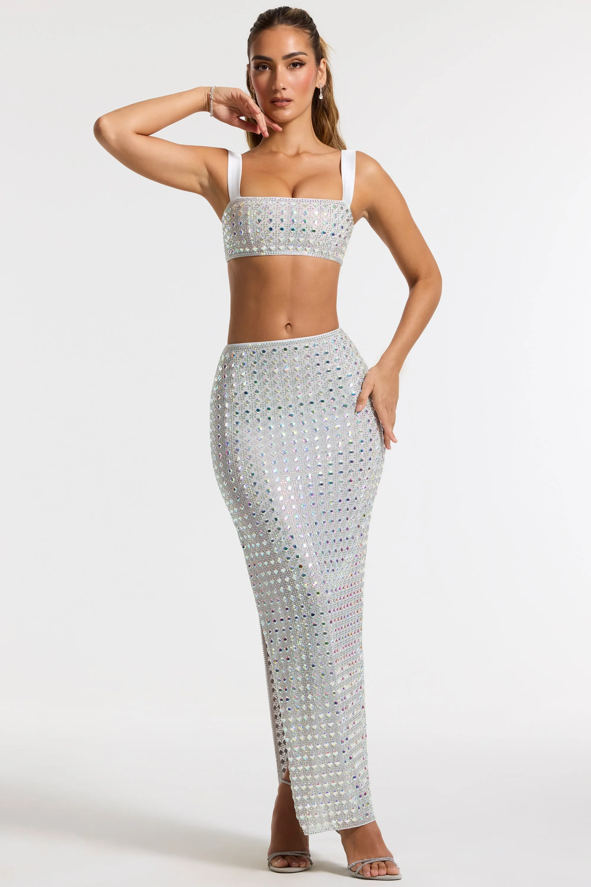 Embellished Mid Rise Gown Skirt in Silver Crisp Edge