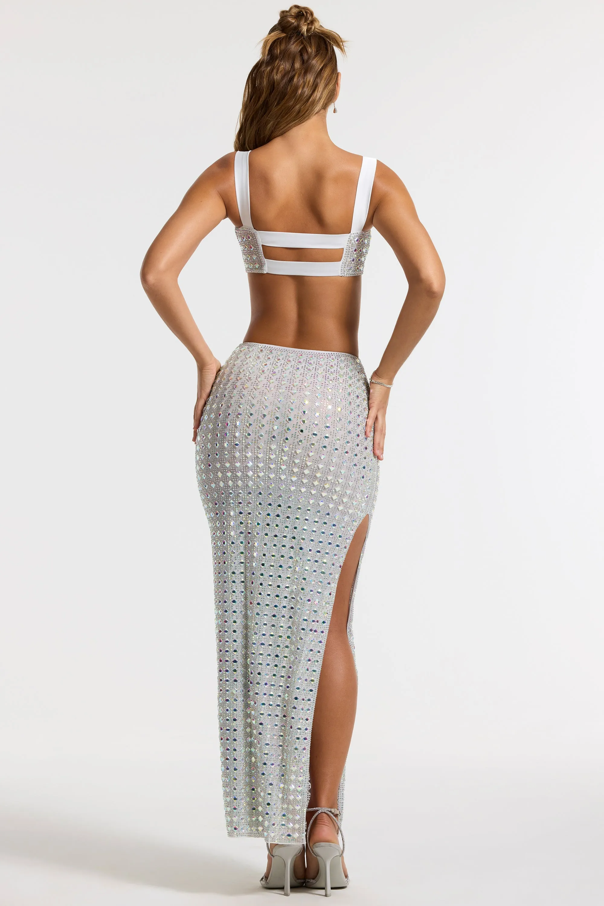 Embellished Mid Rise Gown Skirt in Silver Fresh Texture