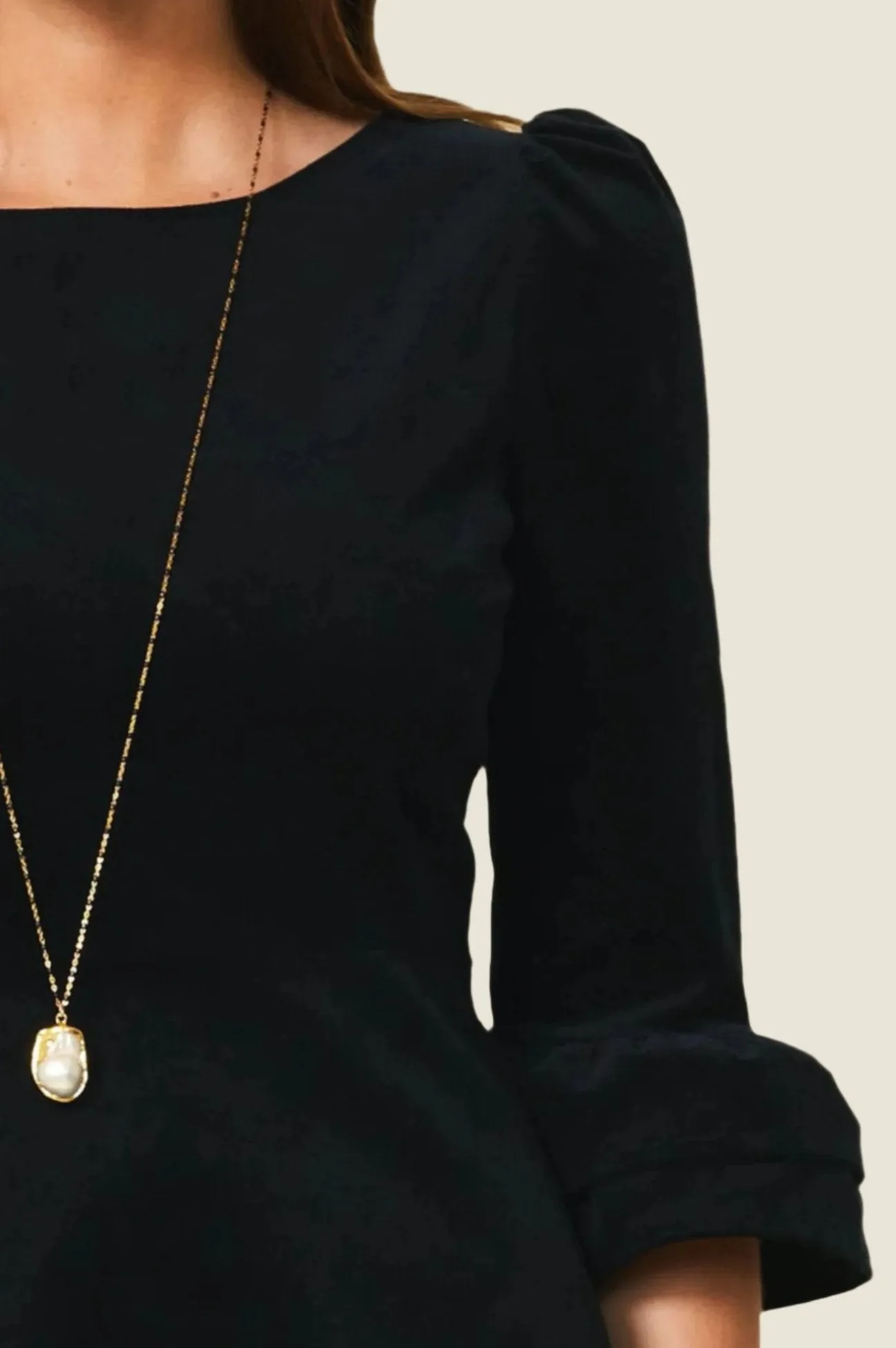 Victoria Round Neck 3/4 Sleeve Stretch Corduroy Dress | Black Effortless Comfort Breathable fabric