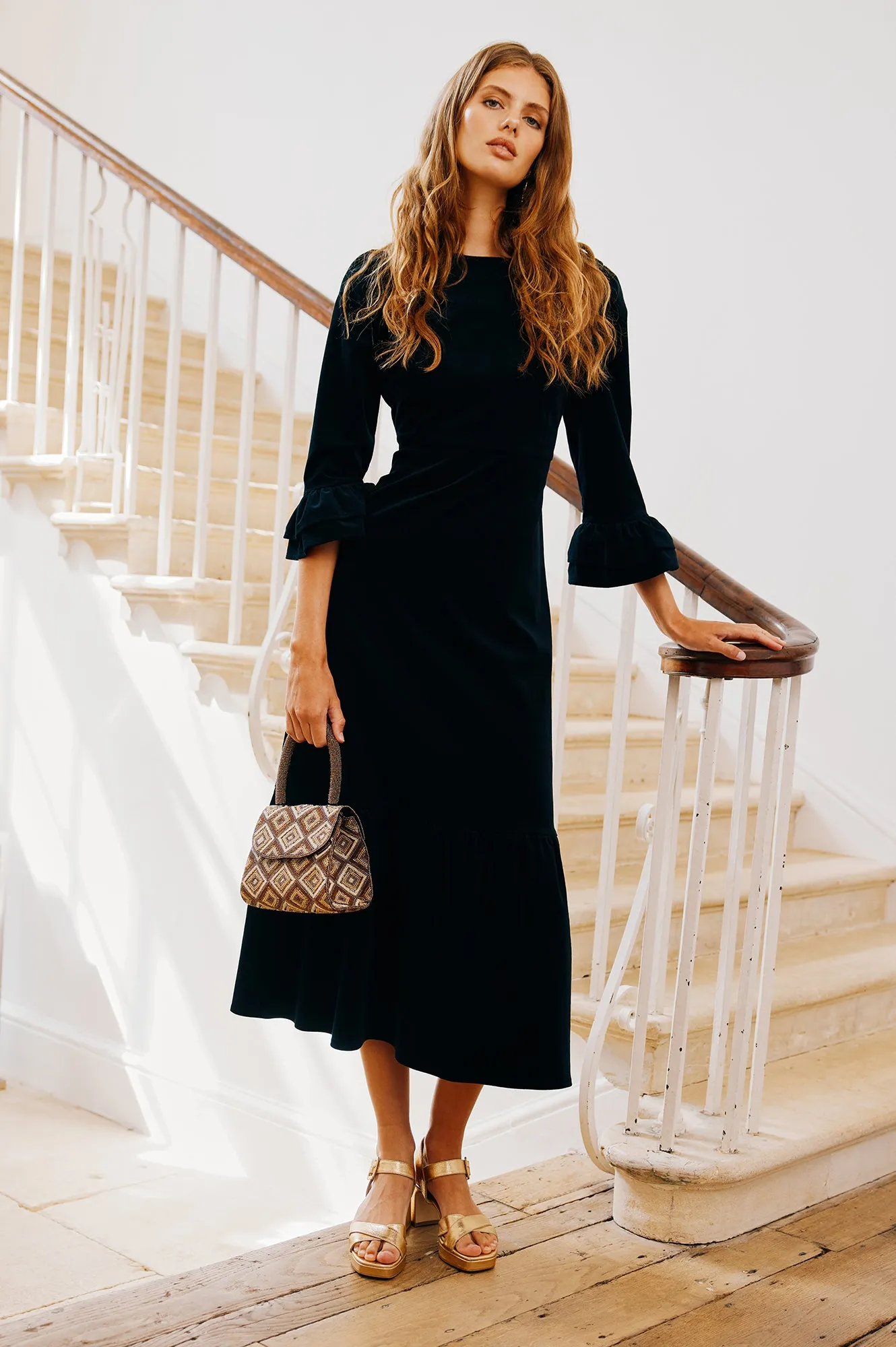 Grand Entry Charming Design Victoria Round Neck 3/4 Sleeve Stretch Corduroy Dress | Black