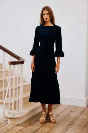 Victoria Round Neck 3/4 Sleeve Stretch Corduroy Dress | Black Day to Night Design Garden Stroll